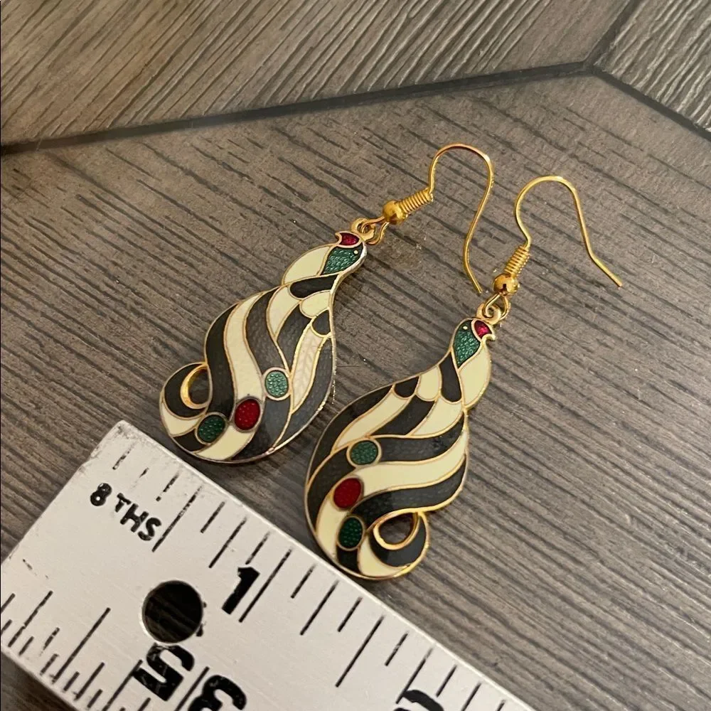 Vintage Cloisonné Black & White Striped Bird Earrings Multicolor Swirl Earrings